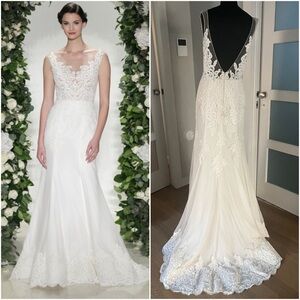 NEW Anne Barge Hampton Lace Button Back Illusion Neckline Belt Wedding Dress 8